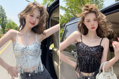 Sequined Fringed Cropped Camisole