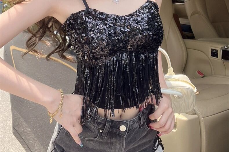 Sequined Fringed Cropped Camisole