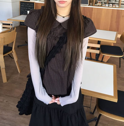 Collared Plaid Cropped Tee with Short Sleeves
