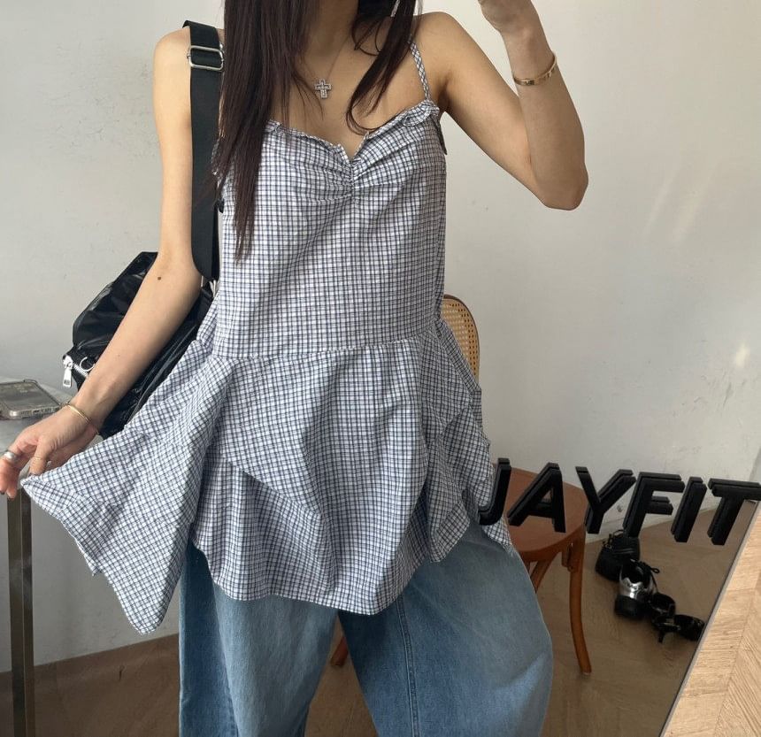 Plaid Ruffle Sweetheart Neckline Camisole
