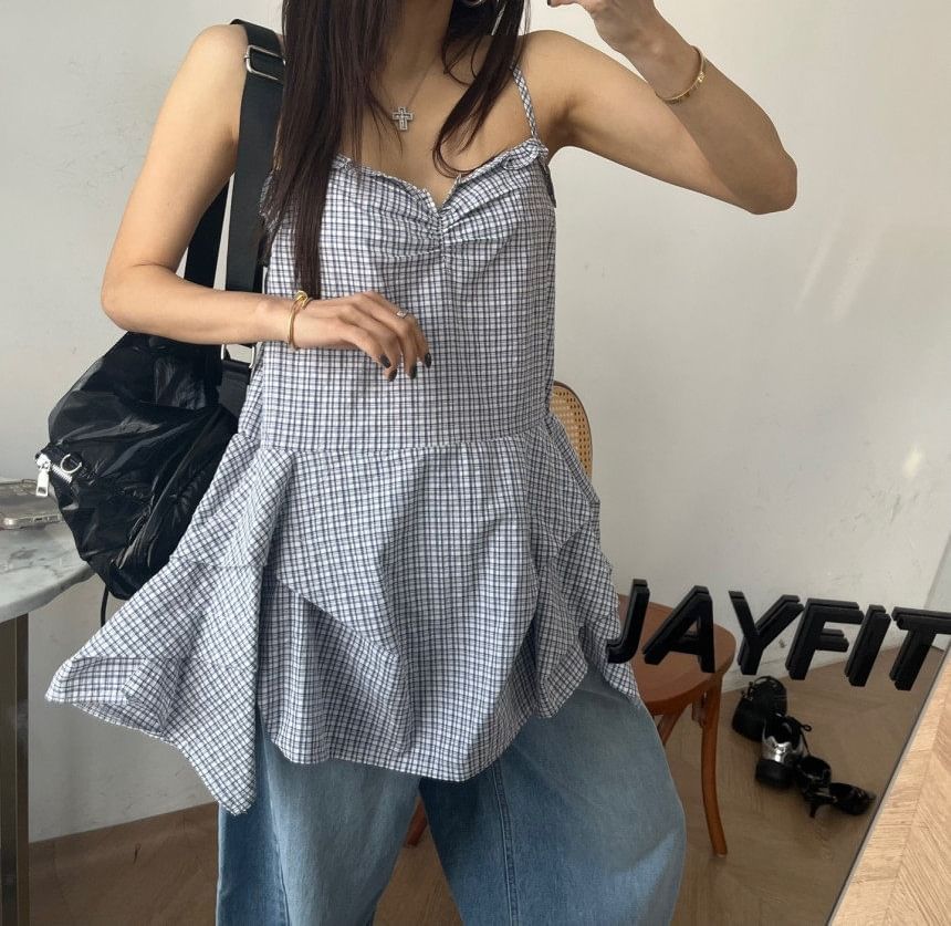 Plaid Ruffle Sweetheart Neckline Camisole