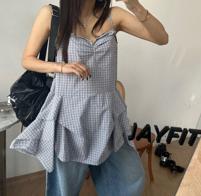 Plaid Ruffle Sweetheart Neckline Camisole