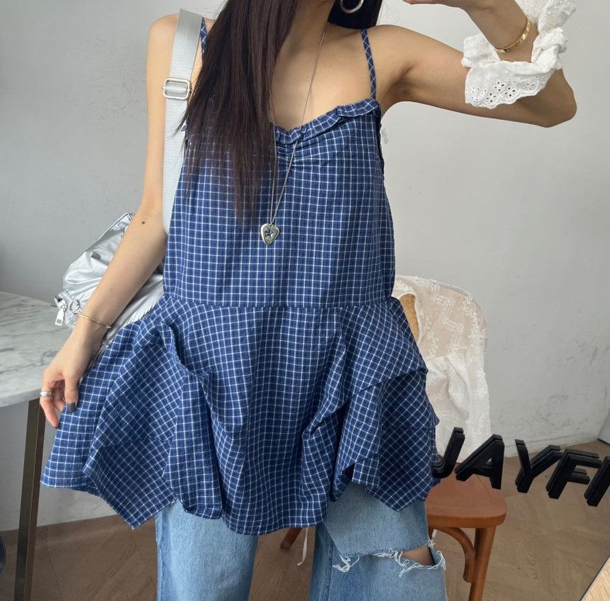 Plaid Ruffle Sweetheart Neckline Camisole