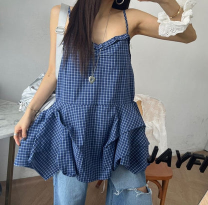 Plaid Ruffle Sweetheart Neckline Camisole