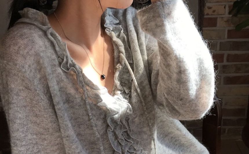 Ruffled Long-Sleeve V-Neck Knit Top