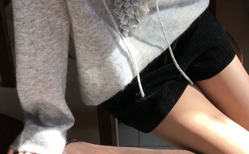 Ruffled Long-Sleeve V-Neck Knit Top