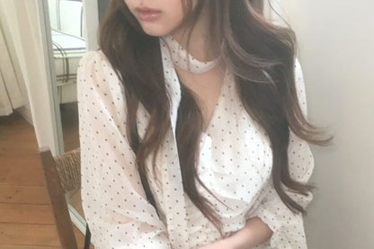 Sheer Polka-Dot Long-Sleeve Crop Blouse
