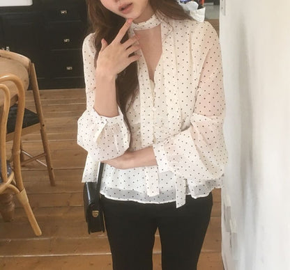 Sheer Polka-Dot Long-Sleeve Crop Blouse