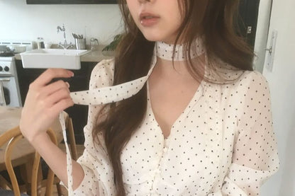 Sheer Polka-Dot Long-Sleeve Crop Blouse