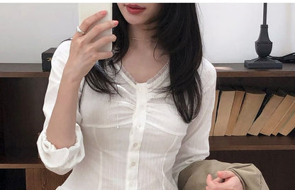 Button-Front V-Neck Plain Long-Sleeve Shirt