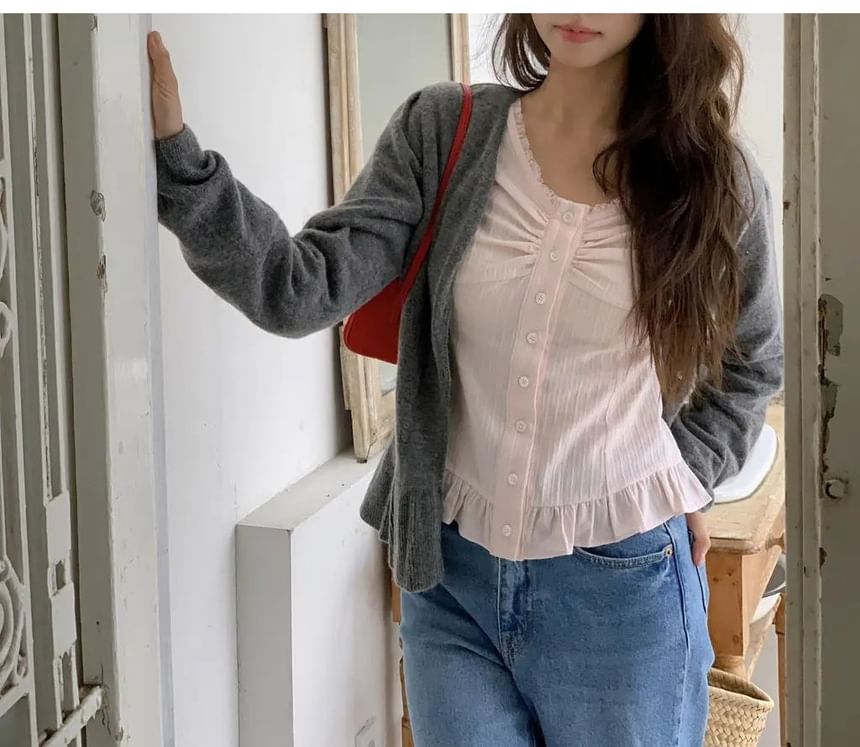 Button-Front V-Neck Plain Long-Sleeve Shirt