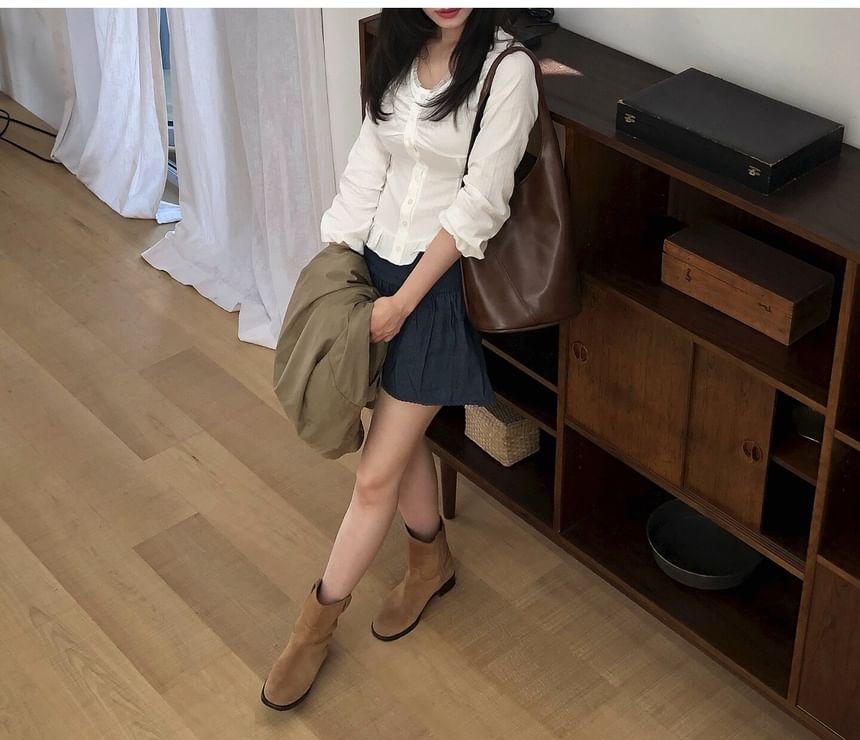 Button-Front V-Neck Plain Long-Sleeve Shirt