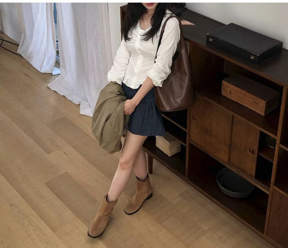 Button-Front V-Neck Plain Long-Sleeve Shirt