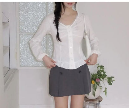 Button-Front V-Neck Plain Long-Sleeve Shirt