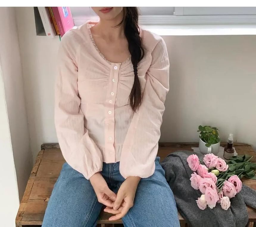 Button-Front V-Neck Plain Long-Sleeve Shirt