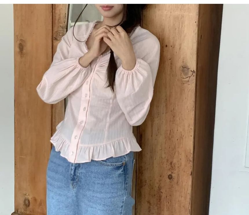 Button-Front V-Neck Plain Long-Sleeve Shirt