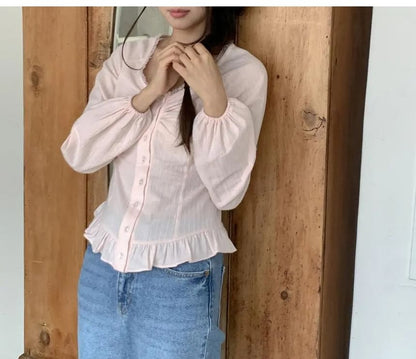 Button-Front V-Neck Plain Long-Sleeve Shirt