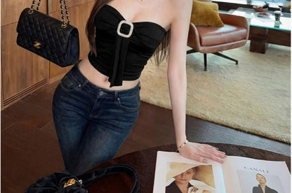Crystal-Studded Buckle Cropped Tube Tee