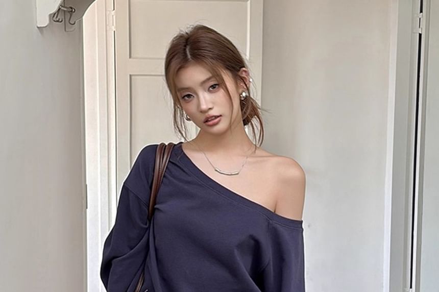 Off-Shoulder Striped Two-Piece Sweatshirt & Drawstring Shorts Set