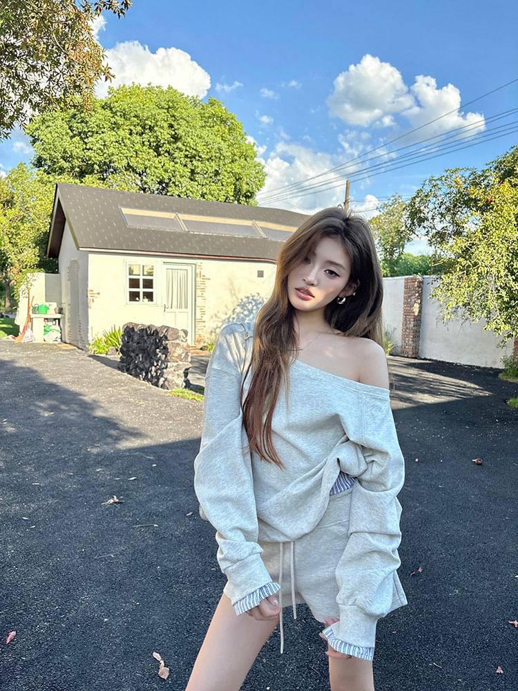 Off-Shoulder Striped Two-Piece Sweatshirt & Drawstring Shorts Set