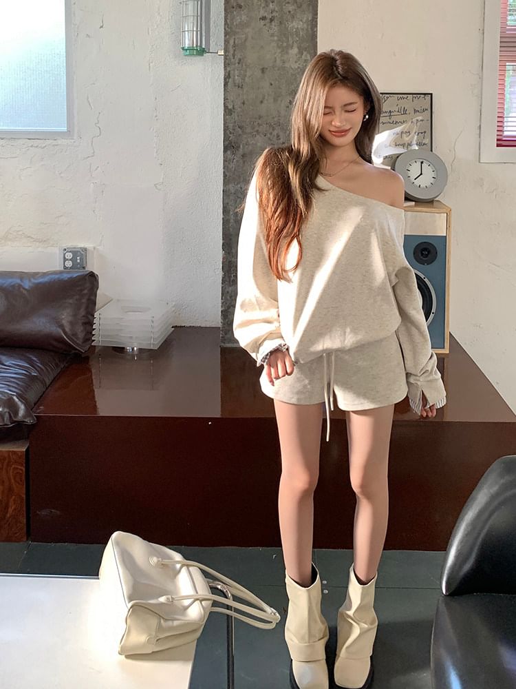 Off-Shoulder Striped Two-Piece Sweatshirt & Drawstring Shorts Set