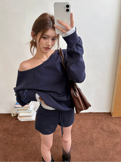 Off-Shoulder Striped Two-Piece Sweatshirt & Drawstring Shorts Set