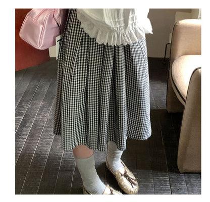 Checkered A-Line Mini Skirt with Ruffled Hem - Altfashion Shop