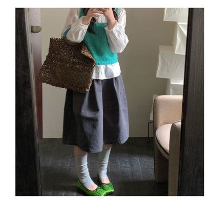 Solid High Waist A-Line Skirt - Altfashion Shop
