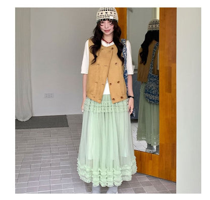 Ruffled Mesh Maxi Skirt - Altfashion Shop