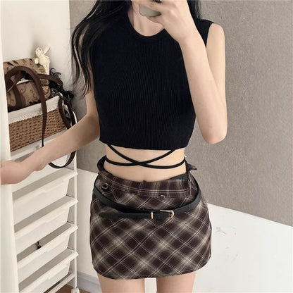 Round Collar Minimalist Back-Tie Ribbed Knit Crop Tank