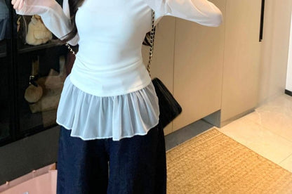 Extended Sleeve Round Collar Ruffled Two-Piece Mesh Top