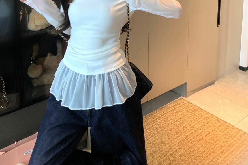 Extended Sleeve Round Collar Ruffled Two-Piece Mesh Top