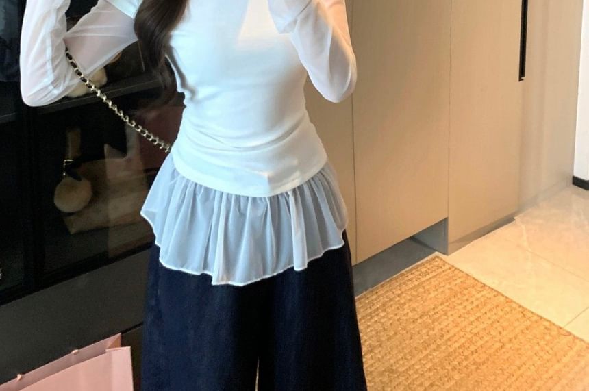Extended Sleeve Round Collar Ruffled Two-Piece Mesh Top