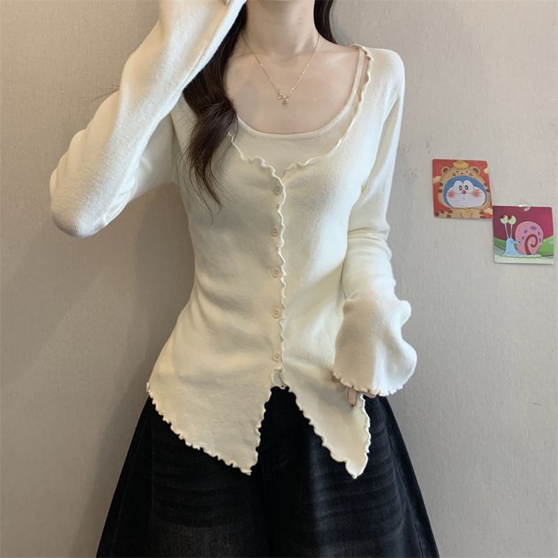 Extended Sleeve U-Neck Minimalist Lettuce Edge Two-Piece Knit Top