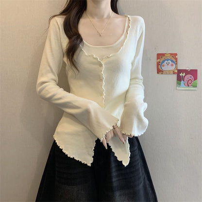 Extended Sleeve U-Neck Minimalist Lettuce Edge Two-Piece Knit Top