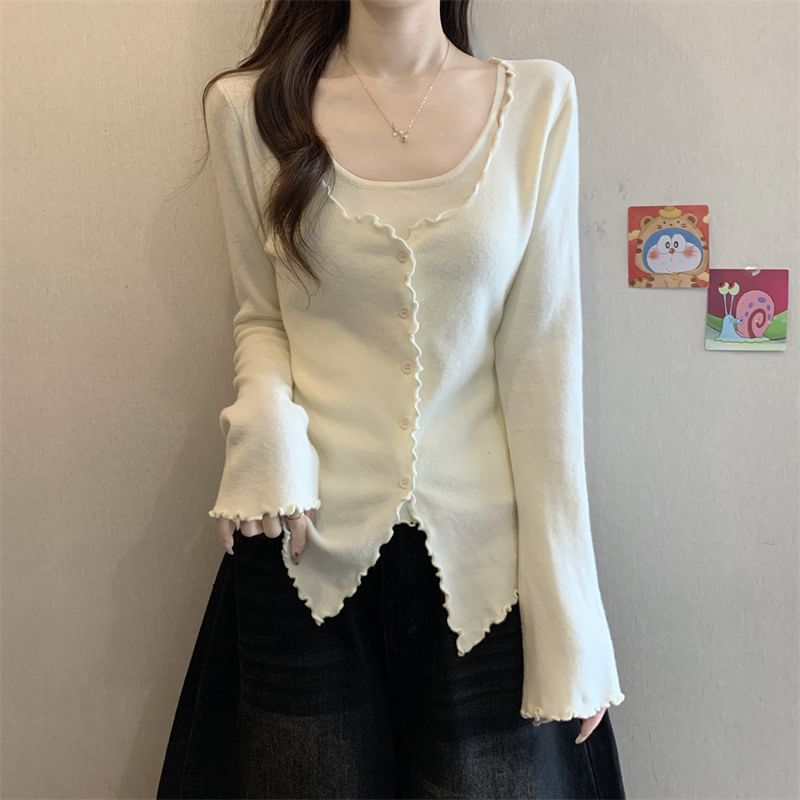 Extended Sleeve U-Neck Minimalist Lettuce Edge Two-Piece Knit Top