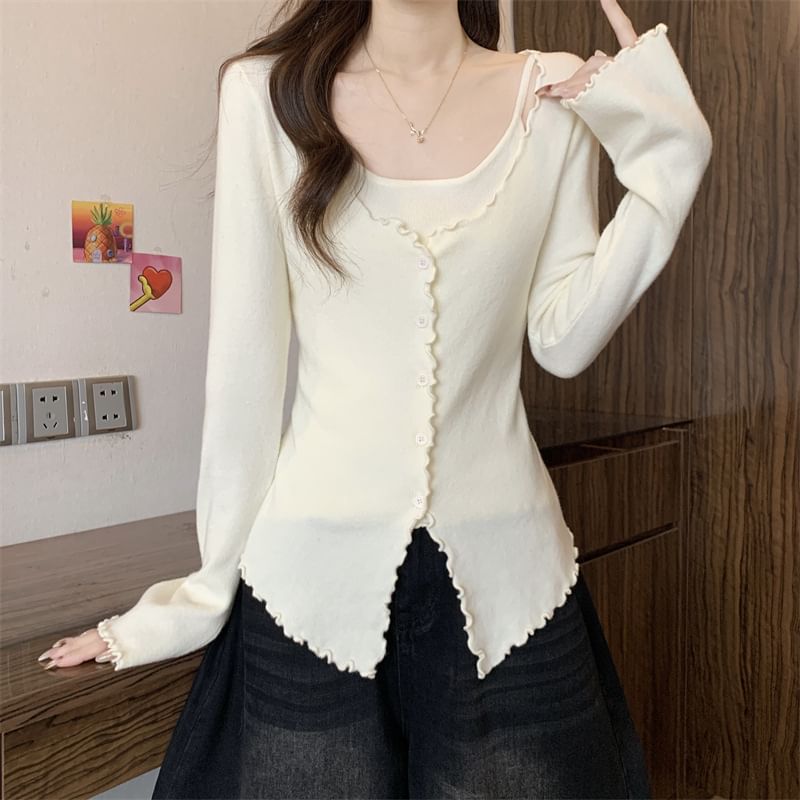 Extended Sleeve U-Neck Minimalist Lettuce Edge Two-Piece Knit Top