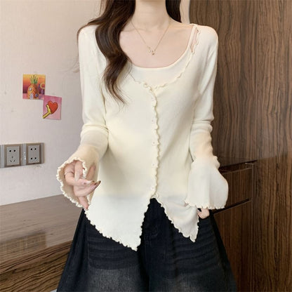 Extended Sleeve U-Neck Minimalist Lettuce Edge Two-Piece Knit Top