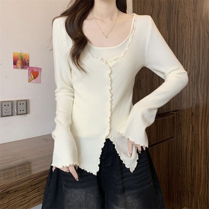 Extended Sleeve U-Neck Minimalist Lettuce Edge Two-Piece Knit Top