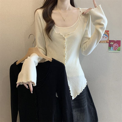 Extended Sleeve U-Neck Minimalist Lettuce Edge Two-Piece Knit Top