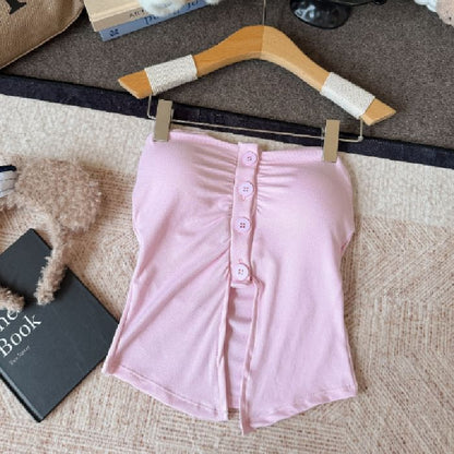 Minimalist Gathered Button Padded Tube Top