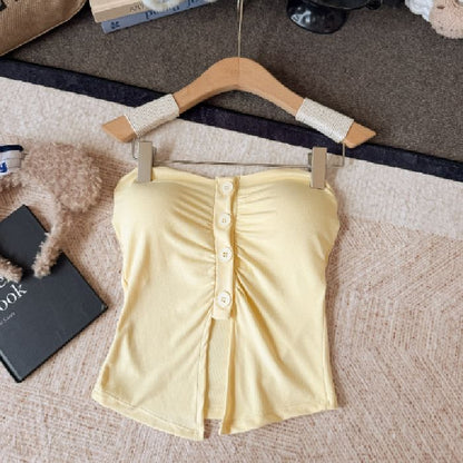 Minimalist Gathered Button Padded Tube Top