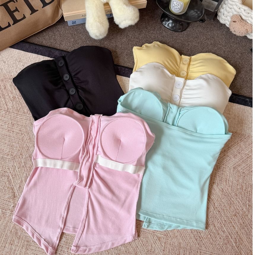 Minimalist Gathered Button Padded Tube Top