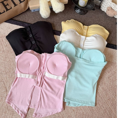 Minimalist Gathered Button Padded Tube Top