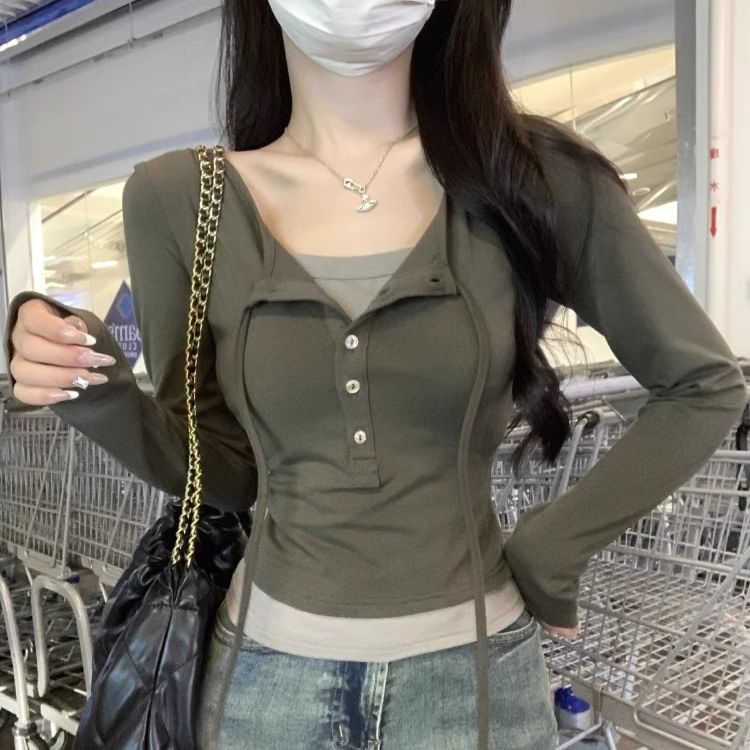 Extended Sleeve Henley Two-Piece Tie-Front Top