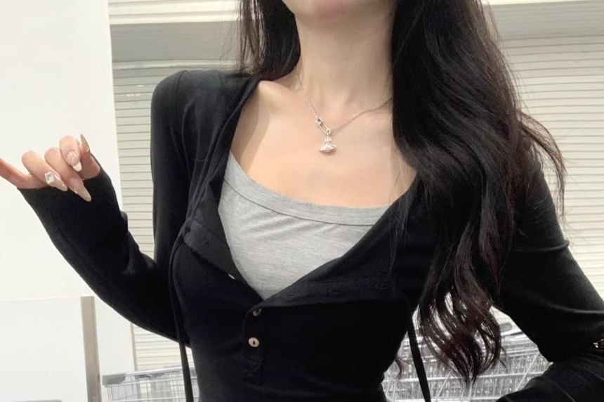 Extended Sleeve Henley Two-Piece Tie-Front Top