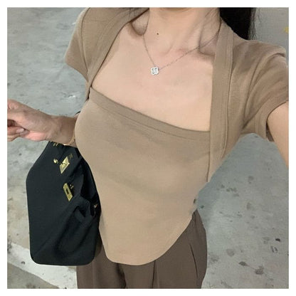 Short Sleeve Square Collar Minimalist Panel Top