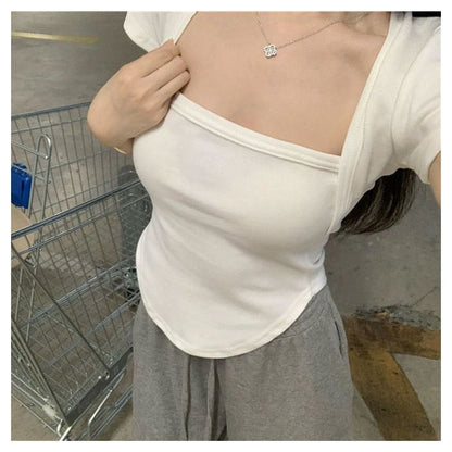 Short Sleeve Square Collar Minimalist Panel Top