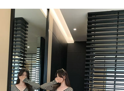 Extended Sleeve V-Neck Striped Buttoned Tee