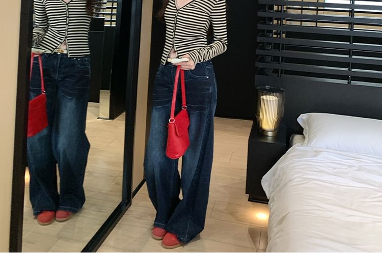 Extended Sleeve V-Neck Striped Buttoned Tee